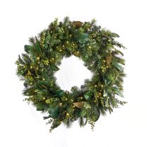 60" Mixed Pine Magnolia Berry Wreath - Warm White