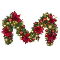 Decorated - 9' x 14" Oregon Fir Garland - LED - DELUXE Royal Poinsettia