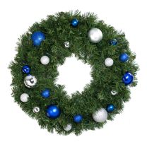 24" Unlit Decorated Wreath - Blue and Silver Décor - Bow Option Available