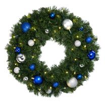 24" Lit LED Warm White Decorated Wreath - Blue and Silver Décor - Bow Option Available