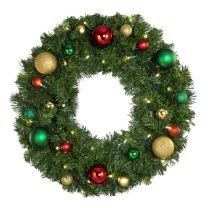 24" Lit LED Warm White Decorated Wreath - Colors of the Holidays - Bow Option Available