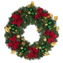 24" Lit LED Warm White Decorated Wreath - Elegant Poinsettia - Bow Option Available