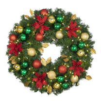 30" Lit LED Warm White Decorated Wreath - Elegant Poinsettia - Bow Option Available