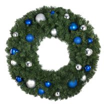 36" Unlit Decorated Wreath - Blue and Silver Décor - Bow Option Available