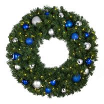 36" Lit LED Warm White Decorated Wreath - Blue and Silver Décor - Bow Option Available