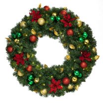 36" Lit LED Warm White Decorated Wreath - Elegant Poinsettia - Bow Option Available