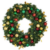 36" Lit LED Warm White Decorated Wreath - Traditional Décor - Bow Option Available