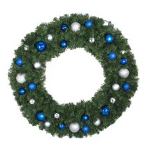 48" Lit LED Warm White Decorated Wreath - Blue and Silver Décor - Bow Option Available