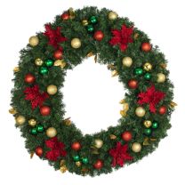 48" Lit LED Warm White Decorated Wreath - Elegant Poinsettia - Bow Option Available