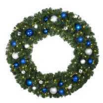 48" Lit LED Warm White Decorated Wreath - Blue and Silver Décor - Bow Option Available