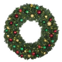 48" Lit LED Warm White Decorated Wreath - Colors of the Holidays - Bow Option Available