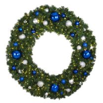 60" Lit LED Warm White Decorated Wreath - Blue and Silver Décor - Bow Option Available