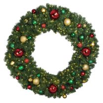 60" Lit LED Warm White Decorated Wreath - Colors of the Holidays - Bow Option Available