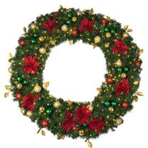 60" Lit LED Warm White Decorated Wreath - Elegant Poinsettia - Bow Option Available