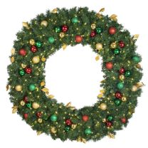 60" Lit LED Warm White Decorated Wreath - Traditional Décor - Bow Option Available