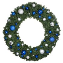 72" Unlit Decorated Wreath - Blue and Silver Décor - Bow Option Available