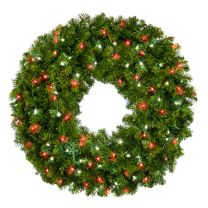 36" Deluxe Oregon Fir Wreath -  Lit with Pure White and Red LEDs - No Bow