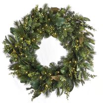 30" Mixed Pine Magnolia Berry Wreath - Warm White