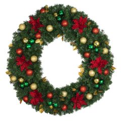 48" Lit LED Warm White Decorated Wreath - Elegant Poinsettia - Bow Option Available