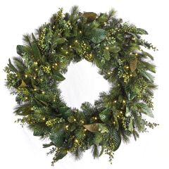 36" Mixed Pine Magnolia Berry Wreath - Warm White